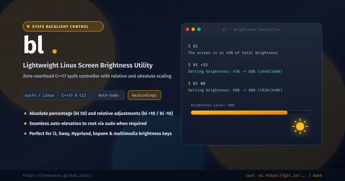 bl - Lightweight Linux Screen Brightness Control via Sysfs