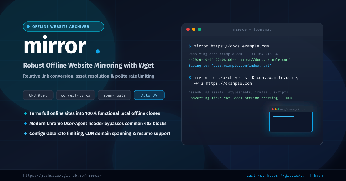 mirror - Robust Offline Website Mirroring with Wget