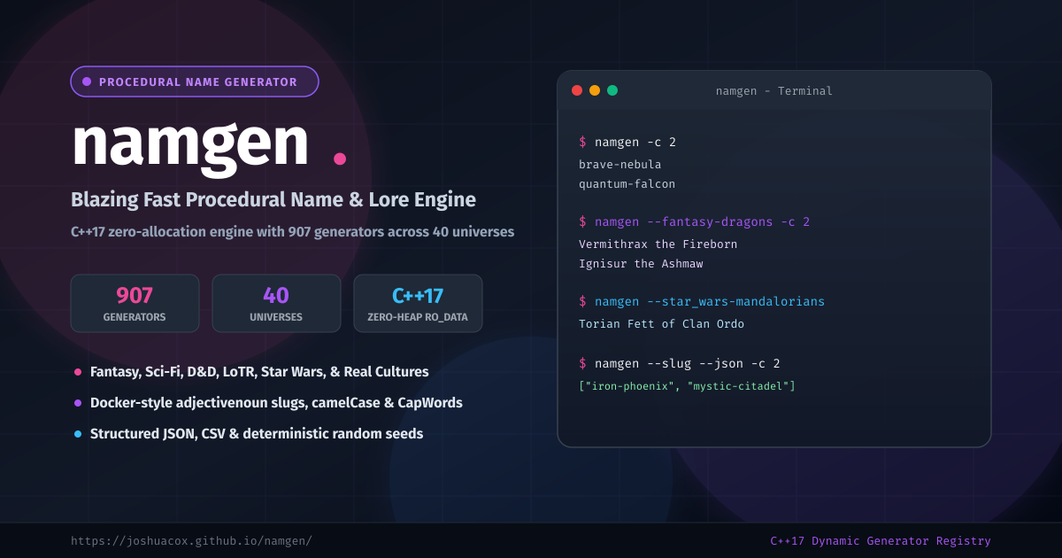 namgen - Blazing Fast Procedural Name & Lore Engine
